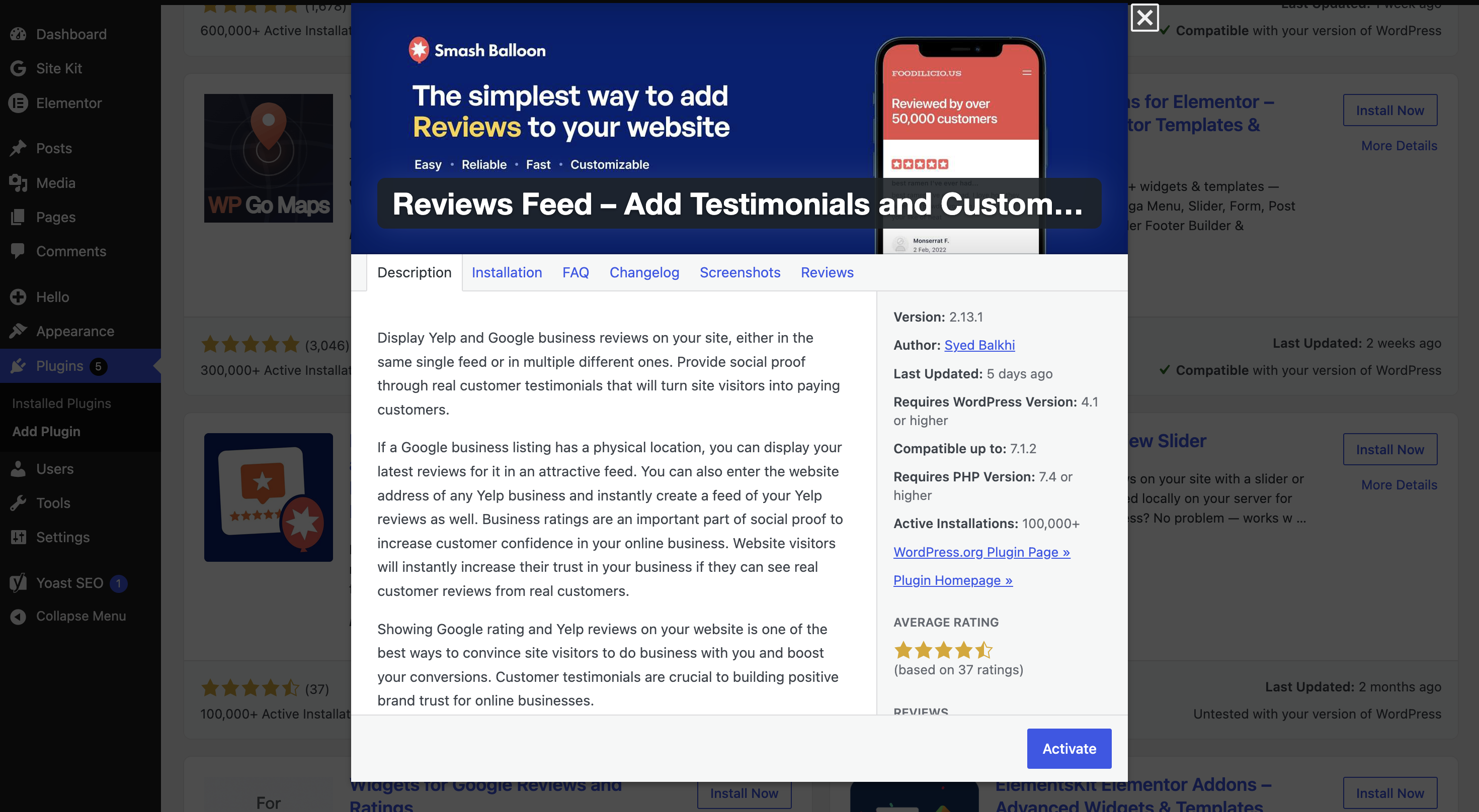 Install and activate reviews feed by smash balloon